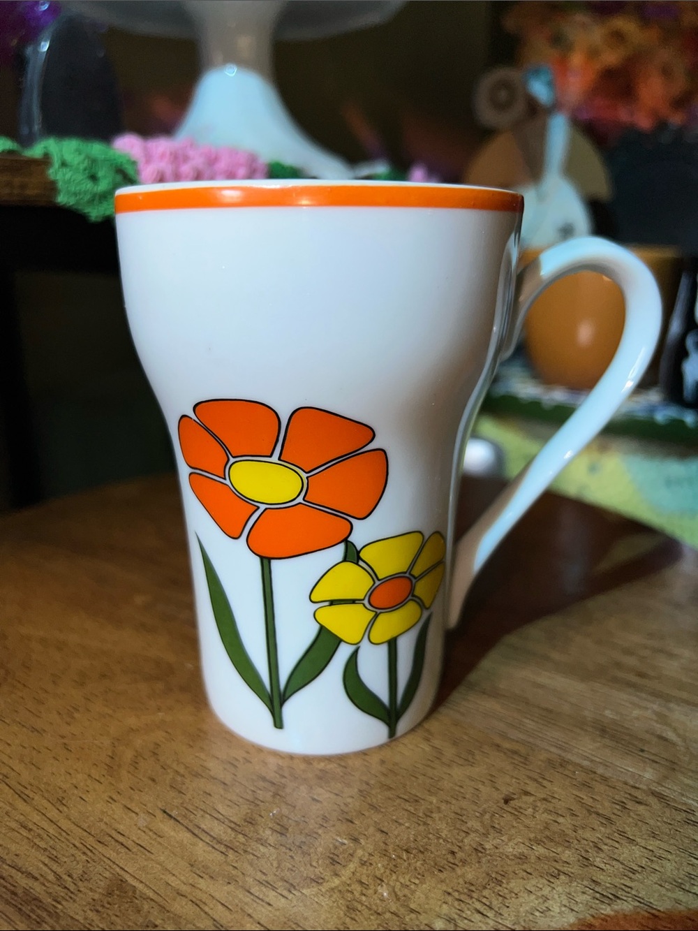 70s vintage White Floral Ceramic Mug with Orange and Yellow Flowers - Picture 2 of 5